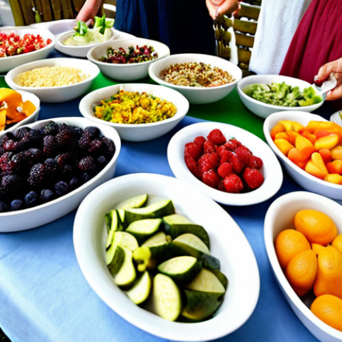 Home 4 Eco-Friendly Party Food**
Prompt: A vibrant, colorful buffet table at a party. Focus on dishes made with seasonal ingredients, displayed on biodegradable plates and bowls made from natural materials like bagasse. Include reusable water pitchers filled with water and natural fruit infusions. Guests are smiling and serving themselves. No plastic straws visible. Caption: "Sustainable Feasting."
**