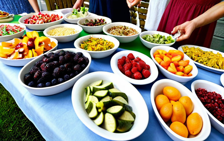 Eco-Friendly Party Food**

Prompt: A vibrant, colorful buffet table at a party. Focus on dishes made with seasonal ingredients, displayed on biodegradable plates and bowls made from natural materials like bagasse. Include reusable water pitchers filled with water and natural fruit infusions. Guests are smiling and serving themselves. No plastic straws visible. Caption: "Sustainable Feasting."

**